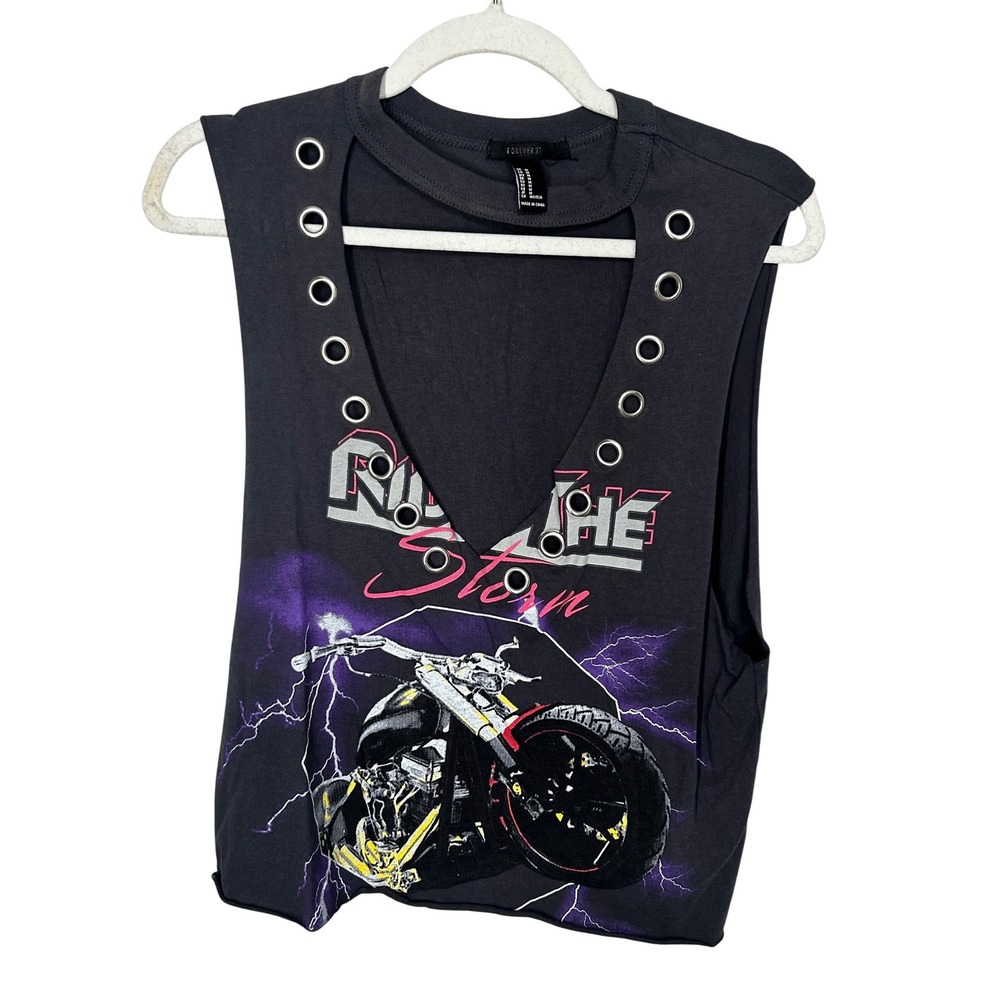 Forever 21 Deep V-Neck Eyelet Tank Ride‎ The Storm Motorcycle Size Medium NWOT